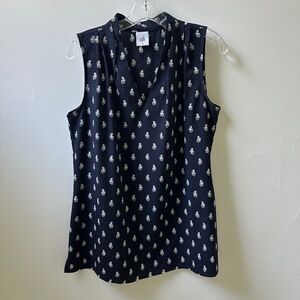 CAbi 3435 Memento Navy Blue Printed Sleeveless Blouse Top Size M